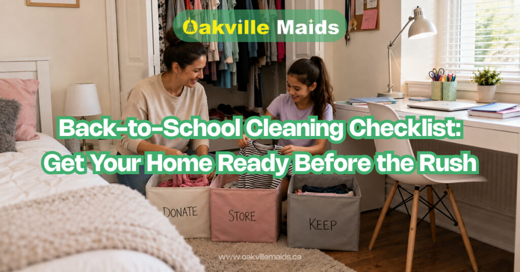 Article cover for Oakville Maids 'Back-to-School Cleaning Checklist: Get Your Home Ready Before the Rush" . Mother and daughter organizing a child’s bedroom closet with clothes and storage bins before the school year.