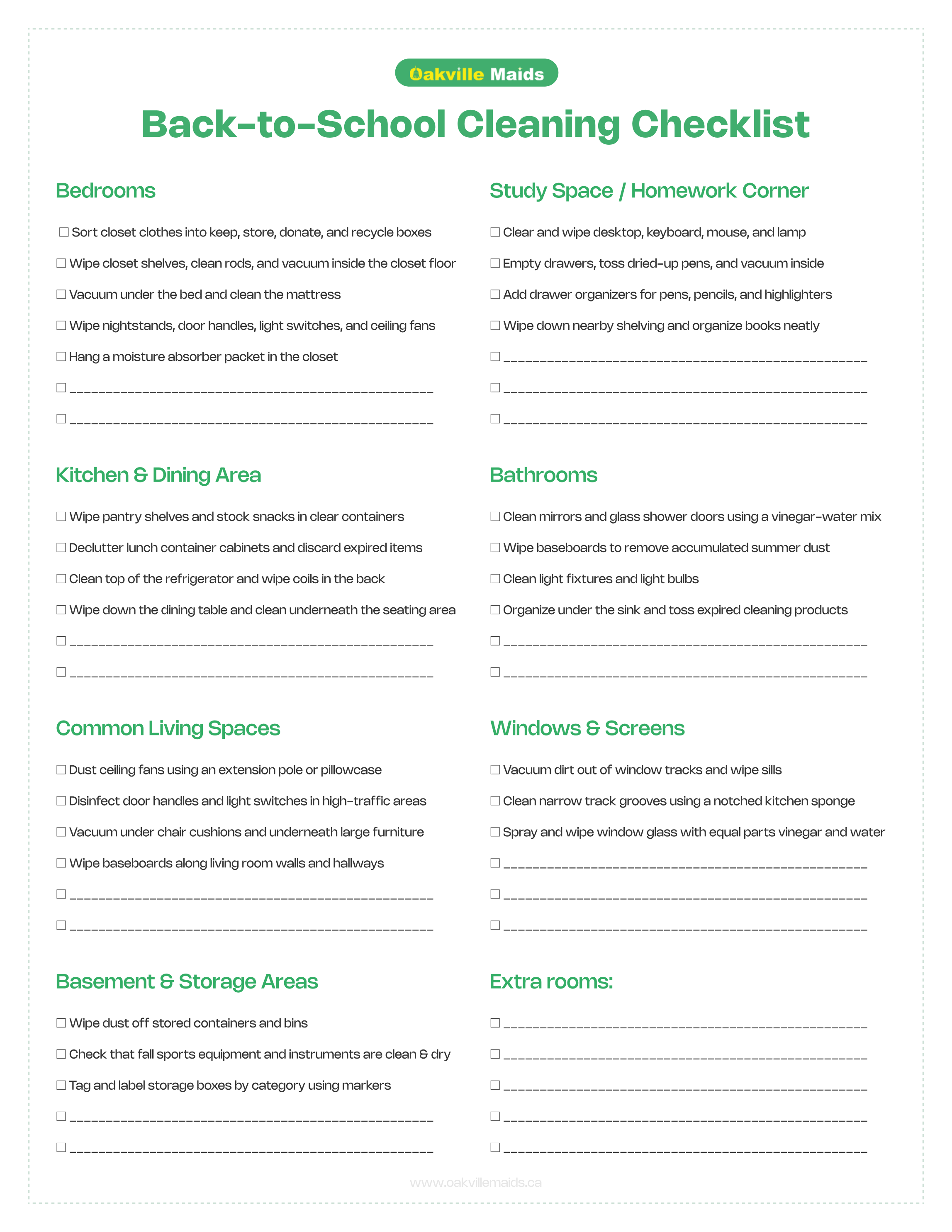 Back-to-school cleaning checklist covering bedrooms, study spaces, kitchen, bathrooms, living areas, windows, and storage areas