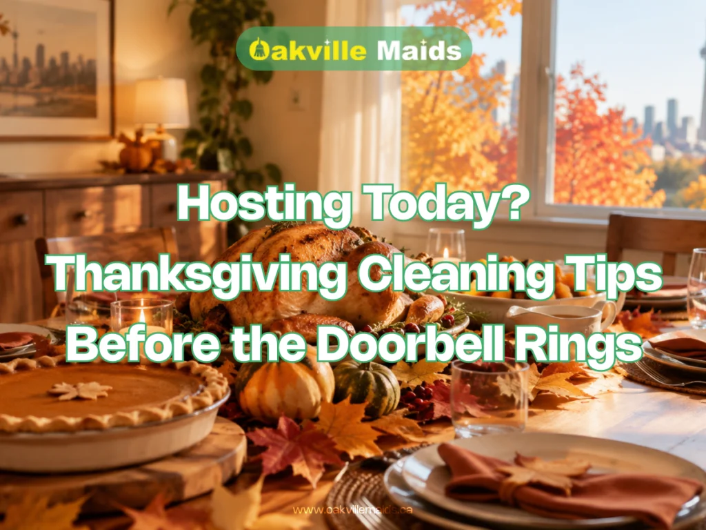 Thanksgiving dinner table with roast turkey, pumpkin pie, gourds and autumn leaves, with the text “Thanksgiving cleaning tips” from Oakville Maids